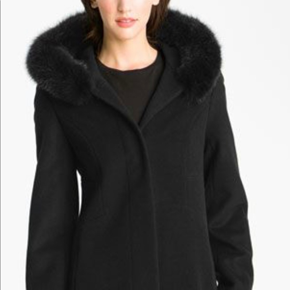 Genuine fox fur trim wool walking coat